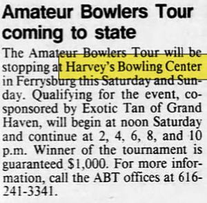Harveys Bowling Center - Jan 1989 Article